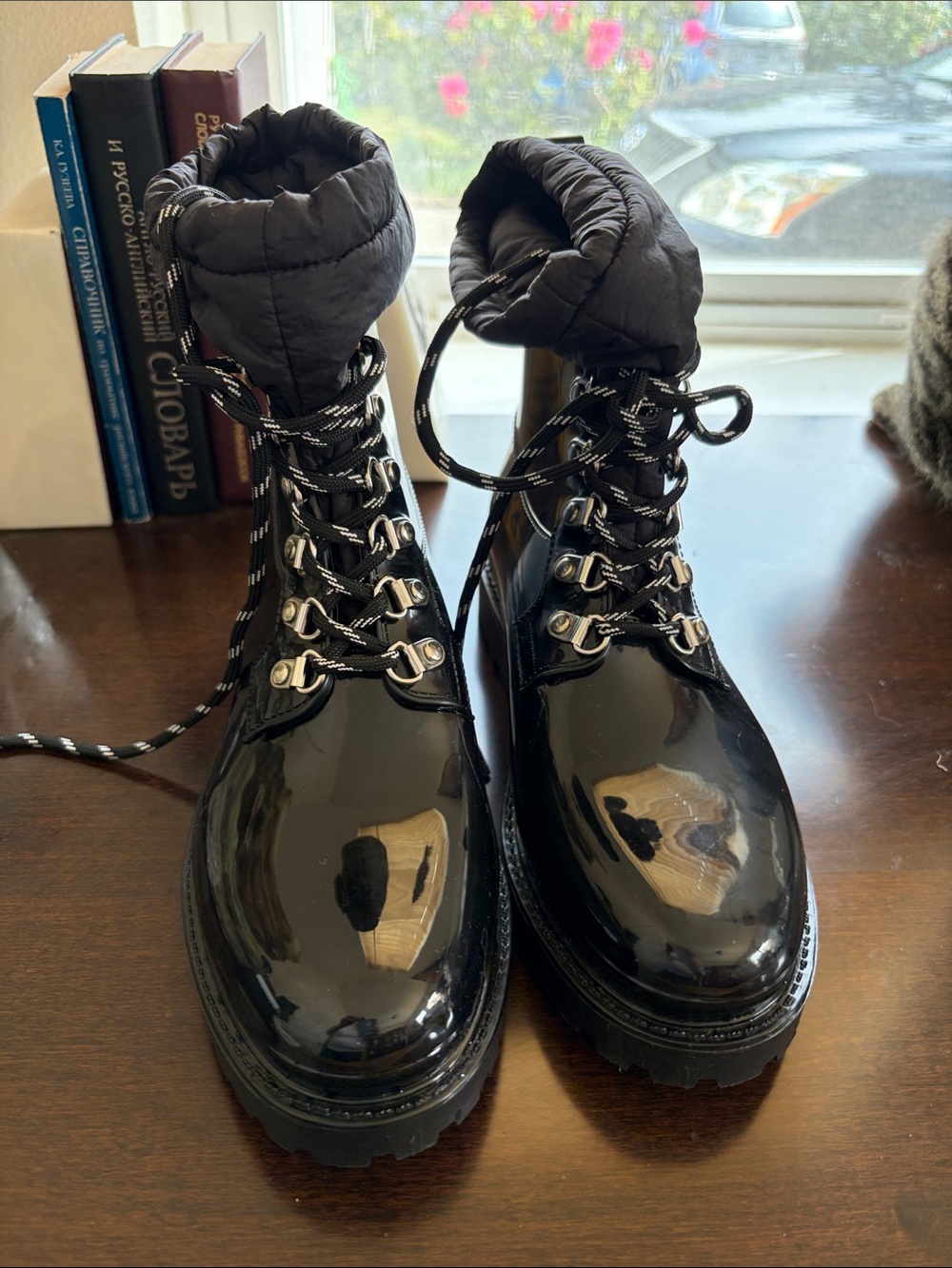 Calvin Klein Black Glossy Patent Lace-Up Combat Boots